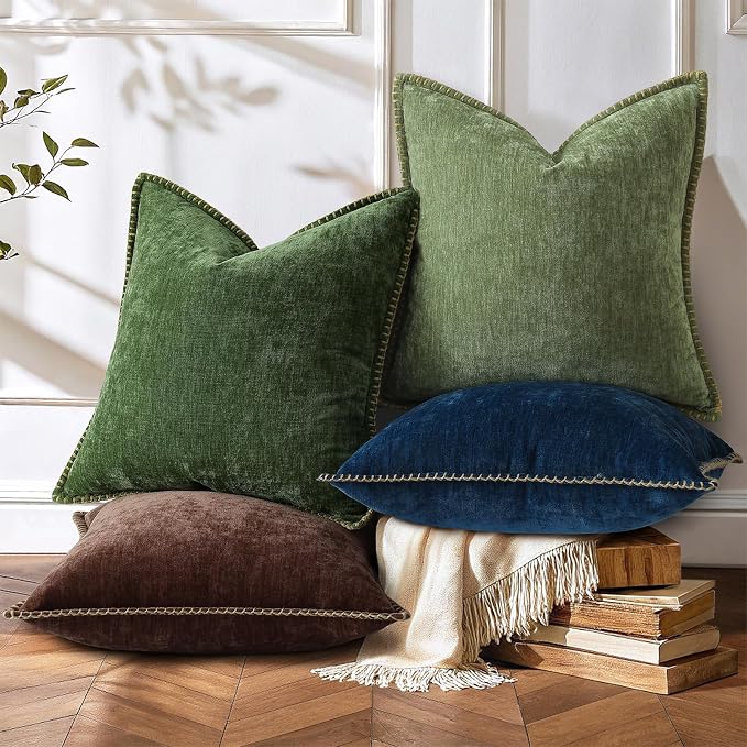 decorUhome Soft Chenille Throw Pillow Covers 16x16 Set of 2 Olive Green | Fall Textured Decorative Throw Pillow Cases Stitched Edge Modern Farmhouse Luxury Boho Velvet for Couch Sofa Bed Home Decor