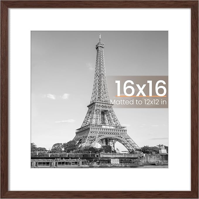 upsimples 16x16 Picture Frame, Display Pictures 12x12 with Mat or 16 x 16 Without, Wall Hanging Square Frames, Brown, 1 Pack