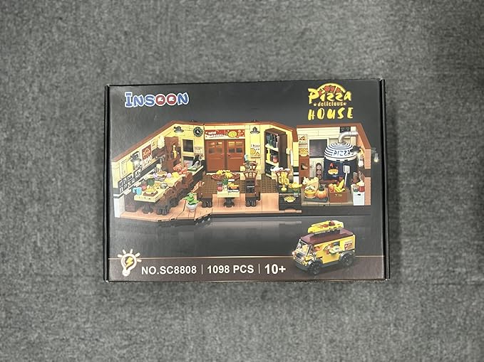 City Street Pizza Restaurant Building Set with Light, 1098PCS Pizzeria House Architecture Model with Retro Pizza Van, Home Decor Construction Building Block Gift for Adults Teens Boys Girls 12+
