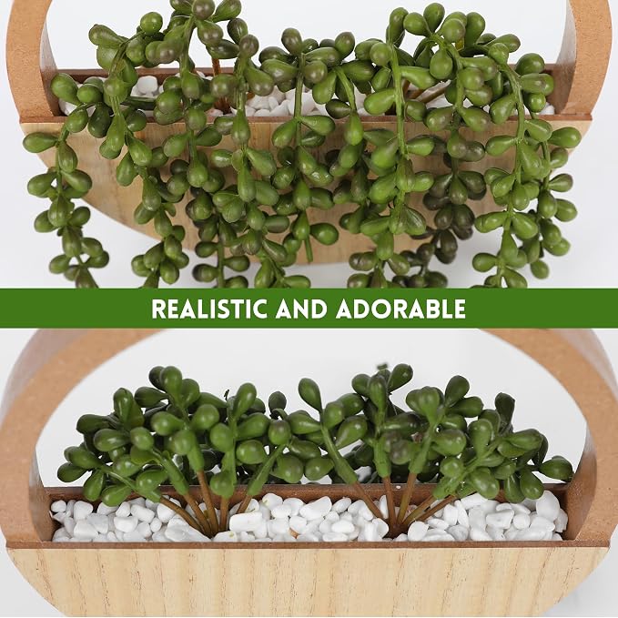 2pcs Artificial Succulents Hanging Plants 12.2'' Fake String of Pearls in Pot with 8.3'' Lanyard for Indoor Outdoor Wall Decor（Wood Color）.