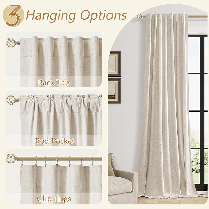 Guken 100% Blackout Linen Curtains for Bedroom 84 inches Long, Thermal Insulated Room Darkening Black Out Drapes for Living Room, Back Tab Rod Pocket 2 Panels Set,Cream Beige,52x84