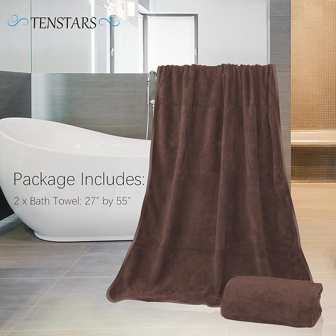 TENSTARS Silk Hemming Bath Towels for Bathroom Clearance - 27 x 55 inches - Light Thin Quick Drying - Soft Microfiber Absorbent Towel for Bath Fitness, Sports, Yoga, Travel, Gym - 2 Pack, Wood Brown