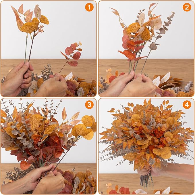 130 Pcs Fall Mixed Greenery Artificial Eucalyptus Stems Bulk, 6 Kinds of Fake Eucalyptus Leaves, Autumn Faux Floral Arrangement for Wedding Bouquet, Farmhouse Home Thanksgiving Decor (130, Orange)