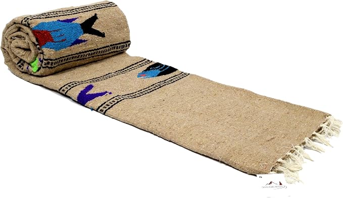 Open Road Goods Thick Mexican Yoga Blanket - Serape Fish Design - Handmade (Khaki)