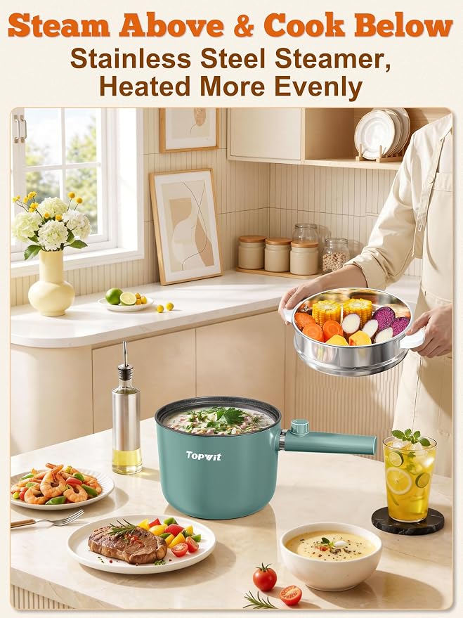 Topwit 1.5L Hot Pot Electric, Portable Ramen Cooker, Non-Stick Frying Pan | BPA-free, Glass Lid, Overheat & Boil-dry Protection, Electric Pot for Pasta, Steak, College Dorm Office Travel Essentials