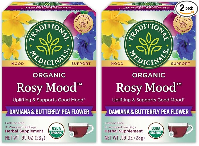 Traditional Medicinals Organic, Rosy Mood, Damiana & Butterfly Pea Flower - Uplifting Mood Support - Kosher, Non-GMO, Caffeine-Free, Compostable - 16 Tea Bags (Pack of 2)