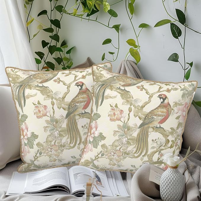 Vintage Cream Chinoiseriel Soft Velvet Throw Pillow Covers Set of 2 Bird Floral Flowers Leaves Decorative Pillow Covers 16x16 Inch Rustic Farmhouse Pillow Case For Sofa Couch Living Room Home Decor
