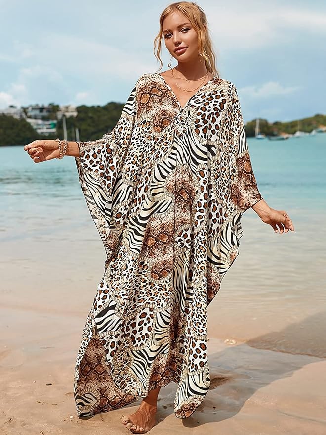 Venasha Womens Caftan Floral Print Kaftan Dress Short Sleeve Swimsuit Cover up Loungewear for Summer