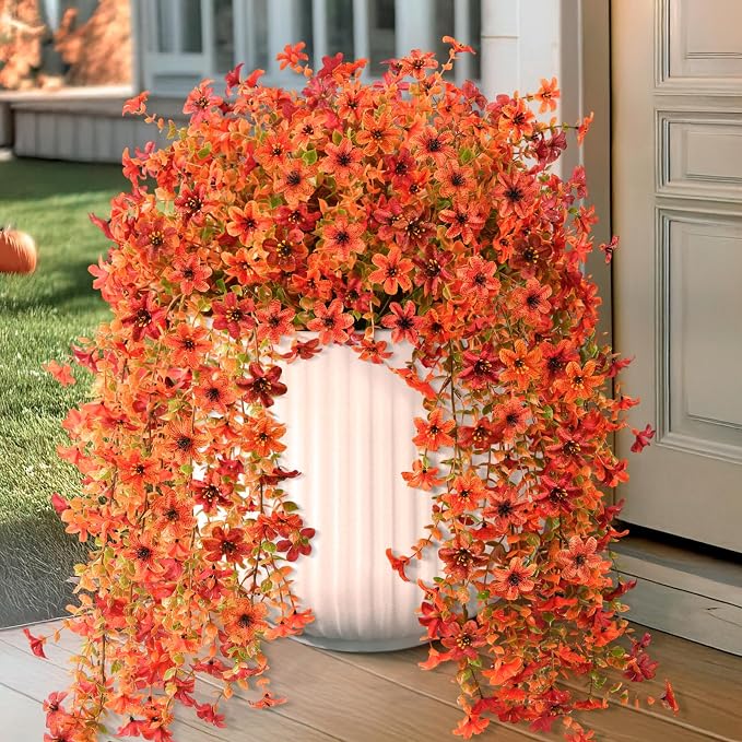 INQCMY Artificial Fall Fake Flowers for Outdoor Fake Hanging Decoration | 2PCS Faux Mums Silk Flower with Autumn Leaves UV Resistant No Fade for Home Planter Porch Patio Yard Balcony (Orange Red)
