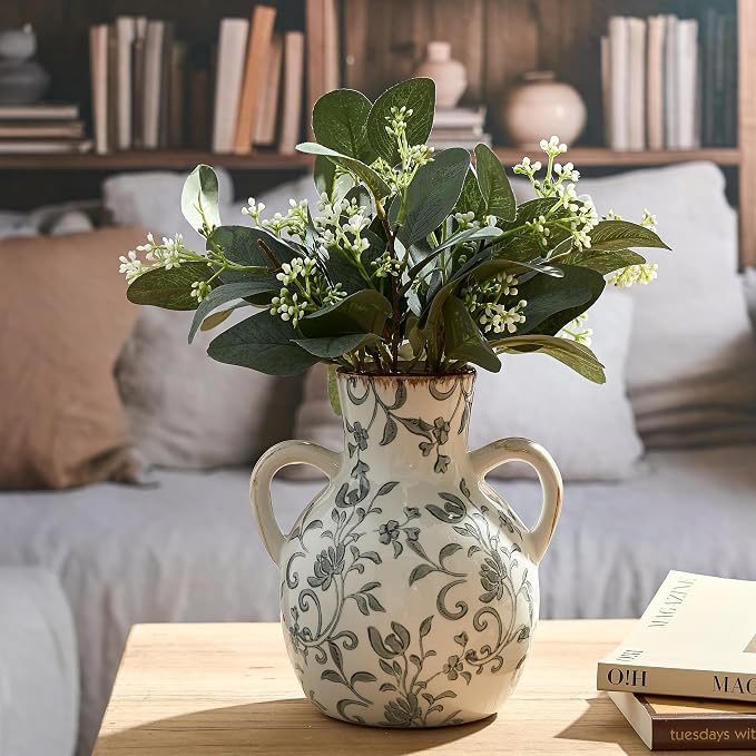 SIDUCAL Ceramic Vintage Pastoral Vase with Handles, 7 Inch Chinoiserie Floral Vase, Retro Ice Cracked Rustic Farmhouse Vases for Home Decor, Living Room, Bookshelf, Office, Tuscan Decor, Gray Floral