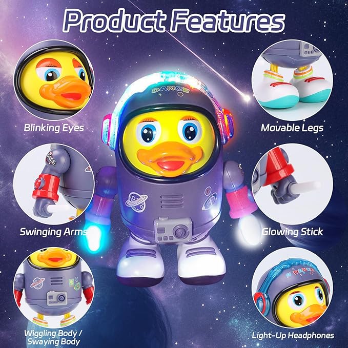 Dancing Space Duck Toy,Space Duck Dancing Musical Interactive Toy,Dancing Duck,Cute Singing Walking Duck Toys with Music LED Lights for Kids Birthday Gifts