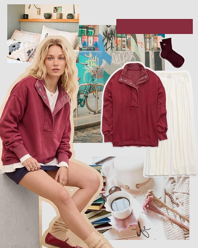 Gacaky Sweatshirt for Women Oversized Casual Long Sleeve Button Henley Neck Pullover Tops Fashion Outfits Clothes