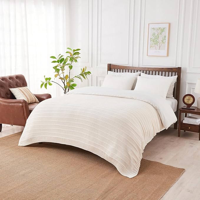 Douceur Cream Throw Blanket for Couch, Soft Cozy Lightweight Stripe Pattern Knitted Throw Blanket for Sofa, Living Room, 50"X60"