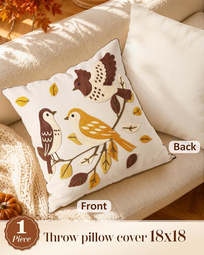 Fall Embroidered Throw Pillow Cover 18x18 Inch, Bird Leaves | Decorative Pillow Cover, Farmhouse Cushion Cases with Hidden Zipper, Autumn Decor for Couch, Sofa, Bed, Living Room