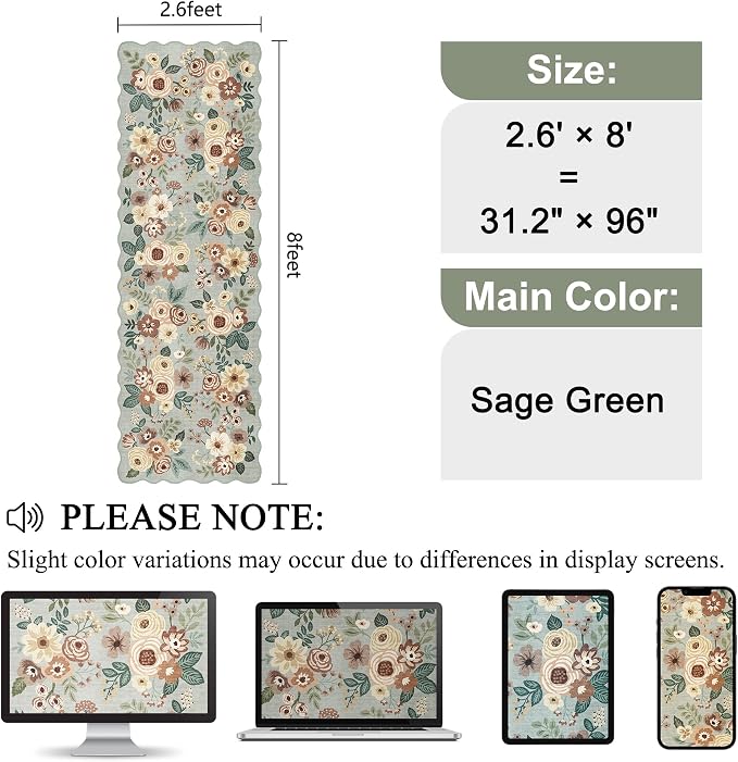 DUKINO 2.6x8 Runner Rug, Floral Washable Kitchens Rug Non Slip, Sage Green | Low Pile, Stain Resistant, Soft Throw Carpet Runner for Hallway, Entryway, Bedroom, Bathroom, Pet Friendly, Modern Home Decor