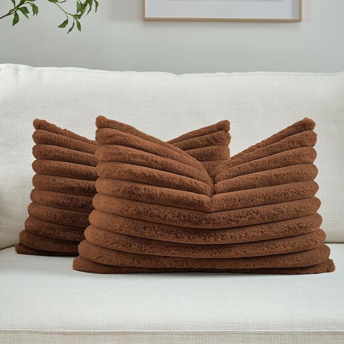 FUTEI Pack of 2 Faux Fur Throw Pillow Covers 12x20 Inch, Rust | Fluffy Faux Rabbit Fur Front/Premium Velvet Back,Hidden Zipper,Machine Washable,Non-Shedding,Colorfast,Insert Not Included.
