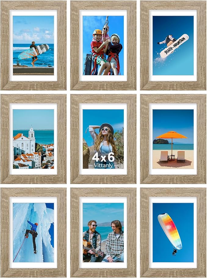 Vittanly 4x6 Picture Frames Set of 9 for Wall Mount & Tabletop, Light Wood | Display Pictures 3.5x5 with Mat or 4x6 without Mat, Small Photo Frames, Engineered Wood with Shatter Resistant Plexiglass
