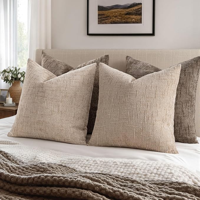 MIULEE Chenille Textured Lumbar Throw Pillow Covers Oatmeal 12x20 Set of 2 | Slubby Decorative Pillows, Boho Farmhouse Home Decor, Modern Neutral Cushion Covers for Couch Sofa Bed Living Room