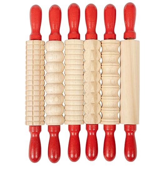 Ready 2 Learn Mini Textured Wooden Rolling Pins | Set of 6 | 7.25 inches | Turning Handles | Rollers for Kids' Dough, Crafts, Imaginative Play