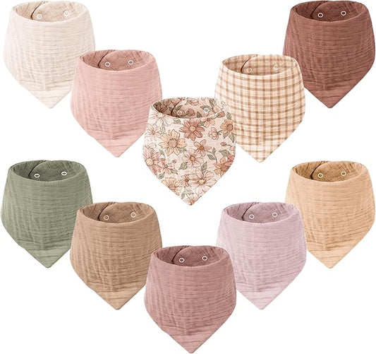 Konssy Muslin Baby Bibs 10 Pack Baby Bandana Drool Bibs 100% Cotton for Unisex Boys Girls