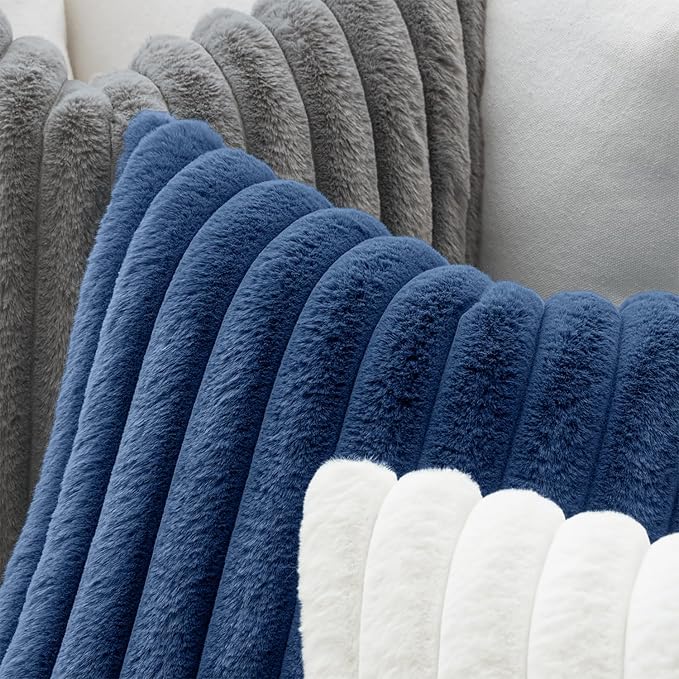 MIULEE Faux Fur Decorative Throw Pillow Covers 20x20 Set of 2 Navy Blue | Coastal Modern Soft Plush Couch Pillows, Cozy Fluffy Cushion Covers for Sofa Bed Living Room Home Decor