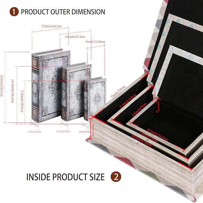 Wooden Book Box Set of 3 with Magnetic Closure and Grey Vintage Leather Cover, Non-Woven Fabric Interior, Decorative Secret Storage for Bookshelves and Home Office