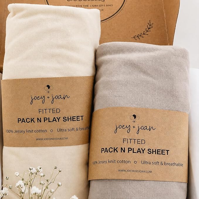 Travel Crib Fitted Sheets for Baby Bjorn, Guava Lotus Travel Crib and 24" x 42" Inch Travel Light Playard Mattress – Snuggly Soft 100% Jersey Cotton – Gray + Beige – 2 Pack