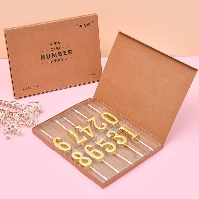 PHD CAKE 10-Pieces Champagne Gold Number Birthday Candles, Cake Numeral Candles Number 0-9 Glitter Cake Topper Decoration for Birthday,Wedding Anniversary,Party Celebration