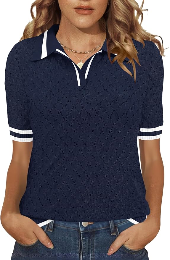 Rapbin Womens Short Sleeve Knit Polo Shirts Summer Spring Sweater Tops | Classic V Neck Collared Shirts Lightweight Business Casual Basic Fashion Pullover Polo Sweater for Work Formal Daily Wear