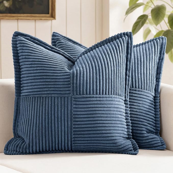 MIULEE Decorative Throw Pillow Covers for Couch 20x20 Inch Blue 2 Pack | Boho Broadside Striped Patchwork Pillow Covers, Soft Corduroy Cushion Cases, For Couch Sofa Bed Livingroom Home Decor