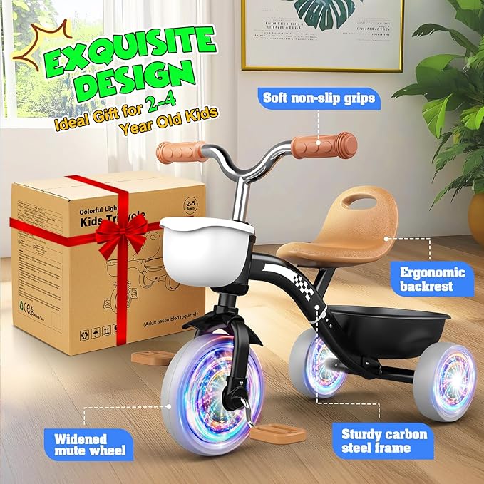 Toddler Tricycle for 1-3 3-4 Year Olds, Toddler Baby Bike, 2 3 4 Year Old Boys Girls Birthday Gifts, Outdoor Riding Toys for Ages 2-4, 3-Level Adjustable Seat, 3 Color Light Wheels, 2 Baskets