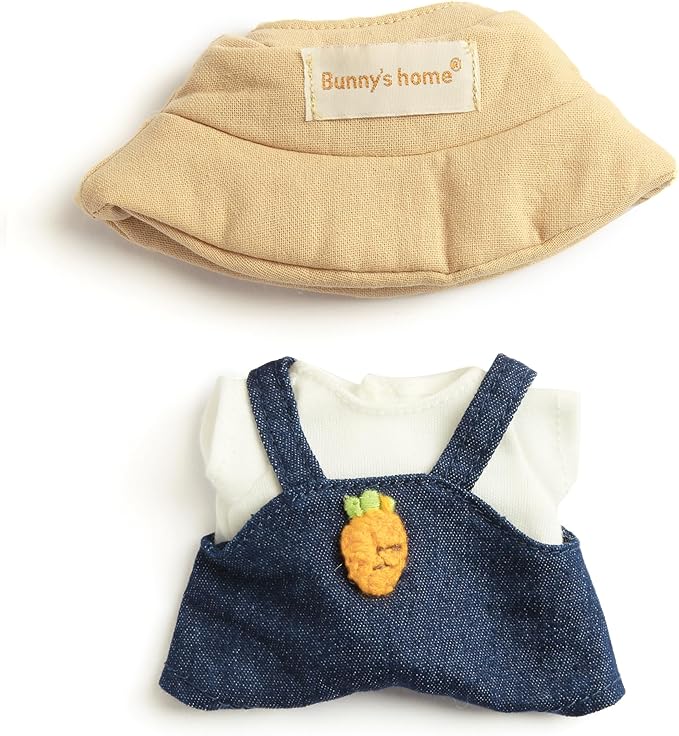 3-Piece Doll Clothes for Labubu & 17cm Dolls – Stylish Fisherman Hat Set, Kawaii Doll Outfits with Accessories for Collectors or Display - Navy Carrot (No Dolls)