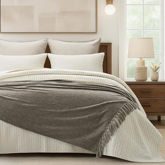 Chenille Knit Throw Blanket for Couch, 60"x80", Taupe | Cozy Plush Fuzzy Knittd Throw with Tassels, Lightweight, Decorative, Farmhouse Decor, Ideal for Bed Sofa Gift, All Seasons