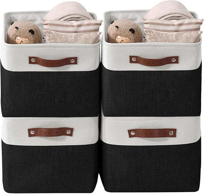 DECOMOMO Storage Bins, Large Fabric Storage Baskets for Shelves 4 Pack | 15 x 11 x 9.5 inches Decorative Linen Closet Organizers (Black & White)