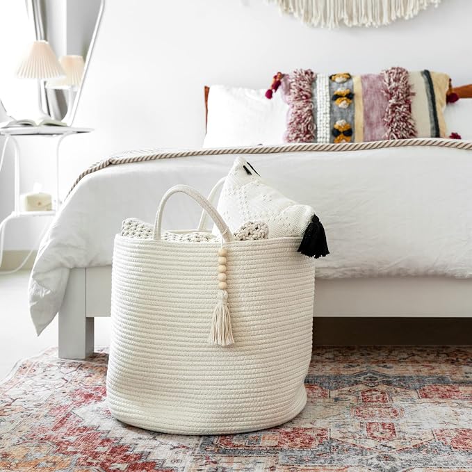 Mkono Woven Storage Basket for Blanket, Toys Plant Organizer, 16"W x 13.8"L | White, Cotton, Decorative Basket with Handle, Wood Beads Tassel, Shoes Towel Clothes Storage Bin, Living Room Bedroom Nursery