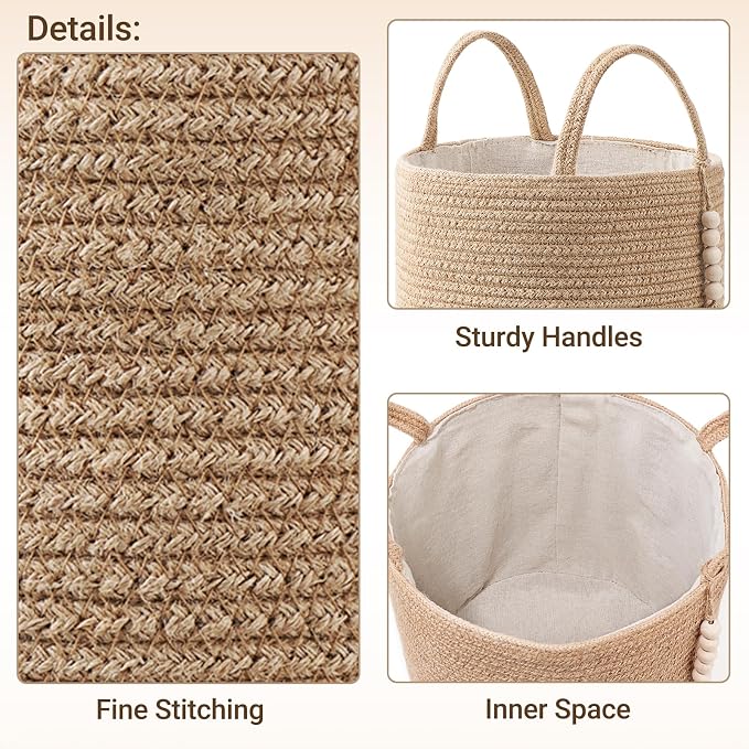 Mkono Woven Storage Basket for Blanket, Toys Plant Organizer, 16"W x 13.8"L | Brown, Jute, Decorative Basket with Handle, Wood Beads Tassel, Shoes Towel Clothes Storage Bin, Living Room Bedroom Nursery