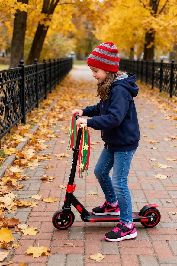 PLATT Kids Bike & Scooter Handlebar Streamers - Bright Ribbon Tassels for Boys & Girls, Cute Bicycle Decor (Red/Green/Gold, 1 Pair)