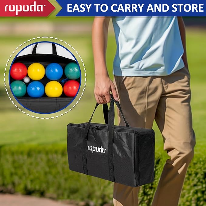ropoda 100mm Bocce Ball Set, Lighter Bocce Ball for Beginners with 8 Balls, Pallino, Case and Measuring Rope for Backyard/Beach/Lawn, Composite Plastic for Kids Teens Beginners