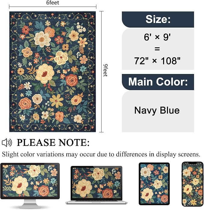 DUKINO 6x9 Area Rugs, Floral Washable Rug for Bedroom Non Slip, Navy Blue | Soft, Low Pile, Large Indoor Rug for Living Room, Dining Room, Kids Room, Office, Pet Friendly, Home Decor, Stain Resistant