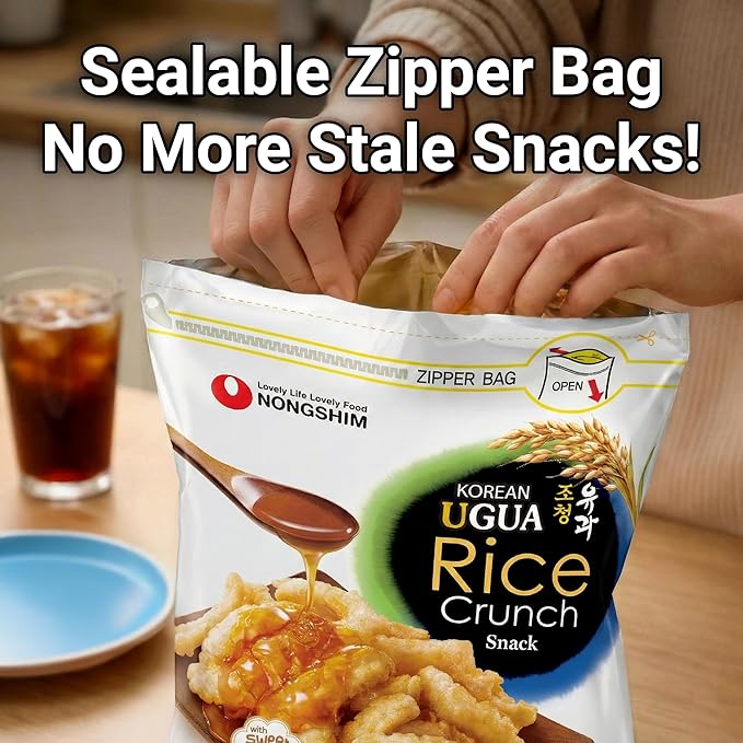 Nongshim Ugua Rice Crisps, Sweet Korean Snacks, Rice Crackers, 1 Pack | Korean rice snack with brown rice syrup glaze, crisp puffed texture, light honeyed sweetness