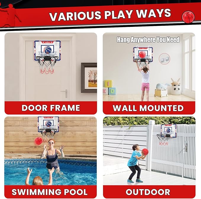 EagleStone Mini Indoor Basketball Hoop with Scoreboard,4 Balls & Pump,Over The Door Bedroom Office Basketball Hoop for 6 7 8 9 10 11 12+ Year Old Kids Boys