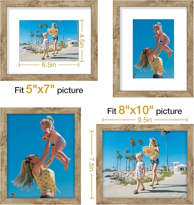 Vittanly 8x10 Picture Frames Set of 9 for Wall Mount & Tabletop, Light Oak | Display Pictures 5x7 with Mat or 8x10 without Mat, Small Photo Frames, Engineered Wood with Shatter Resistant Plexiglass