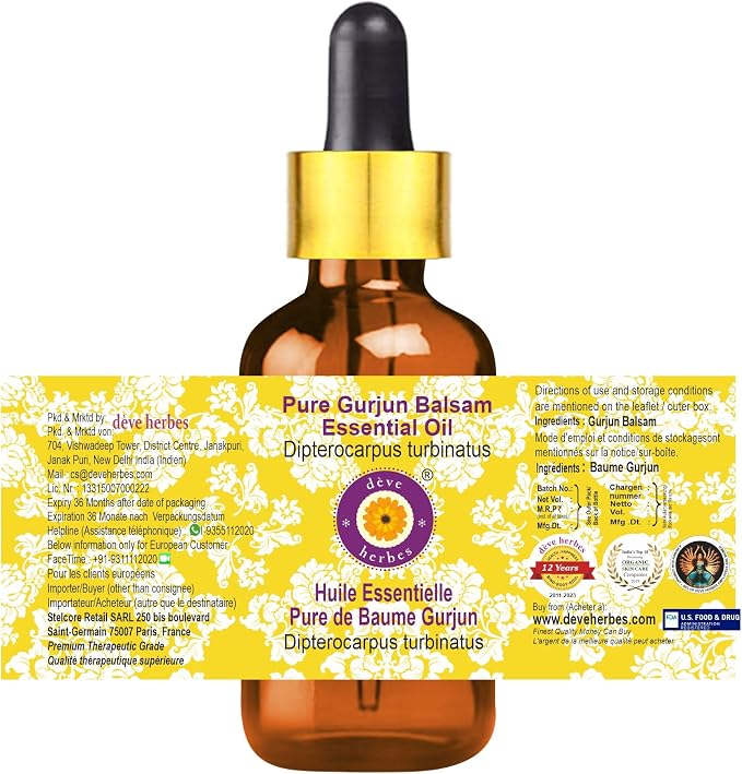 Deve Herbes Pure Gurjun Balsam Essential Oil (Dipterocarpus turbinatus) with Glass Dropper Steam Distilled 15ml (0.50 oz)