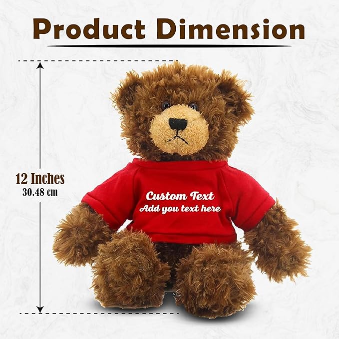 Customized Chocolate Brandon Bear - 12 inch Personalized Stuffed Bear Plush Toy - Perfect Custom Shirt Bear Gift for Graduation Valentines Graduation Easter Holidays (Red Shirt)