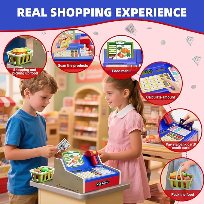 HYES Rechargeable Wooden Cash Register for Kids, Toy Cash Register with Play Money, Toy Food, Pretend Play Supermarket & Fast Food Restaurant, Toddler Learning Toys for Boy & Girl Age 3-5, Blue