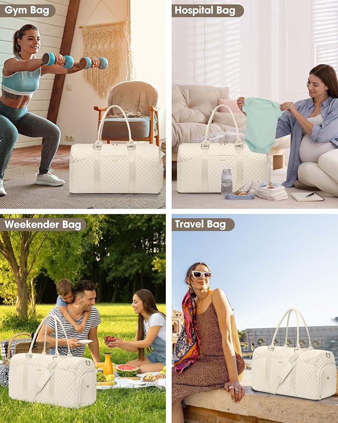 Women Weekender Travel Duffle Bag: Travel Duffel Overnight Bags with Shoe Compartment Large Carry on Tote with Toiletry Bag Weekend Traveling Yoga Gym Hospital Bag for Women with Wet Pocket Beige
