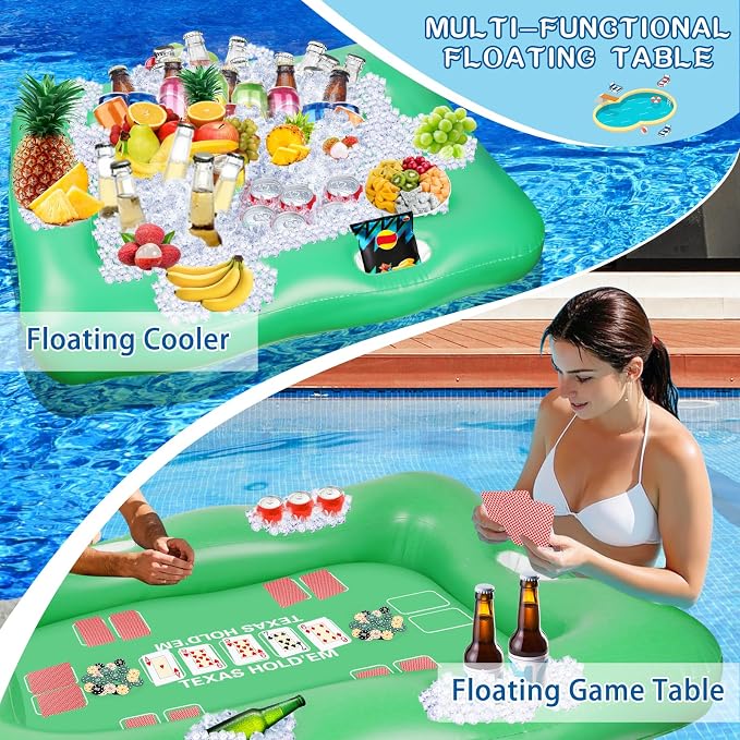 Large Floating Table for Pool Game with Waterproof Playing Cards, 53.5 x 38 in Floating Card Table for Pool with Food Drink Holders, Inflatable Floating Pool Game Table for Adults Family Party