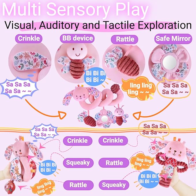 Baby Spiral Car Seat Toys for Babies 0-6 Months Girl, Stroller Hanging Stuffed Animal Carseat Mirror Crinkle Toy 0-3-6-7-12, Newborn Infant Valentines Gifts Easter Basket Stuffers Bunny 3PCS