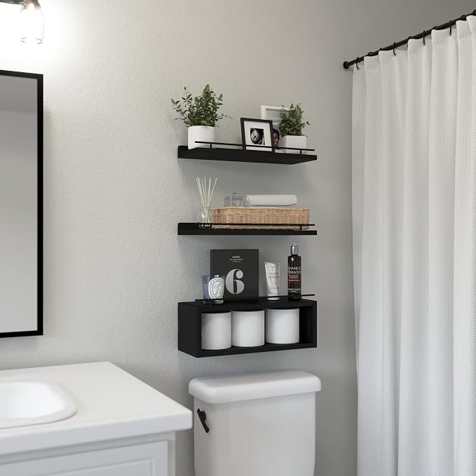 Floating Shelves for Wall with Cube Shelf, Wall Shelves with Metal Rail for Bathroom Decor, Bathroom Organizers and Storage, Over Toilet Shelves for Toilet Paper-Black