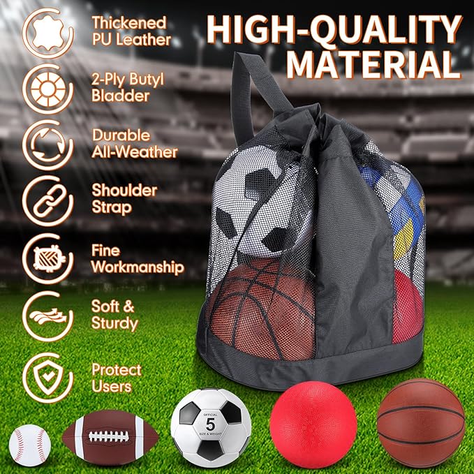 Soulchen 5 Pcs Multi Sport Ball Set for Teen Adult Official Size Soccer, Basketball, Football, Playground Ball, Tennis with Sport Equipment Bag Pump for Teen Adult Gift Back to School